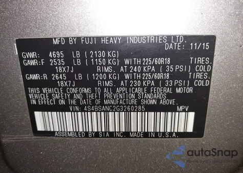 2016 Subaru Outback 2.5I Limited из США, поврежденный, VIN 4S4BSANC2G3260285